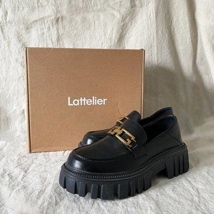 Black vegan leather chunky platform loafers w/ gold chain, size 8 - NWT